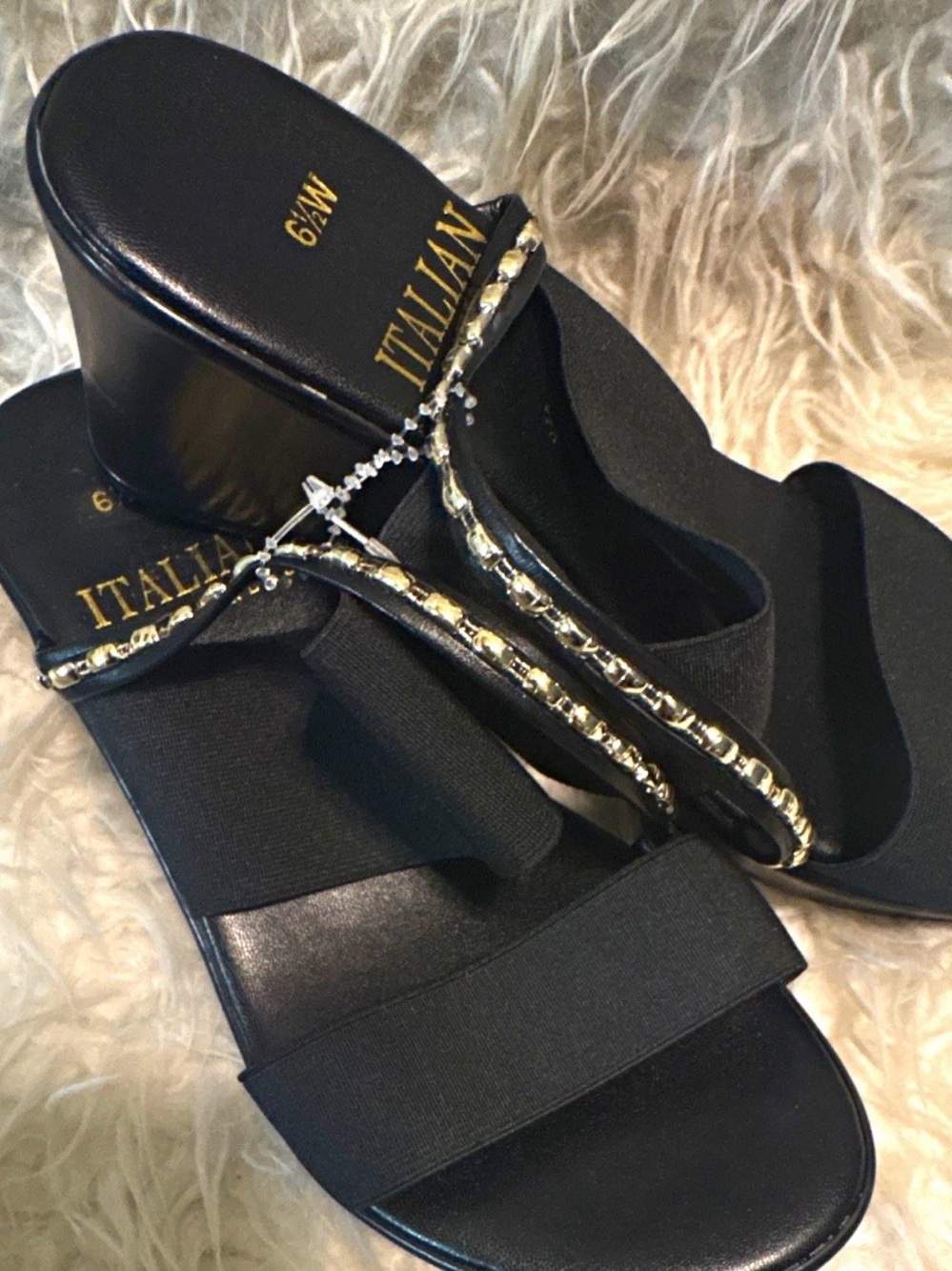 Italian Shoemakers Black Wedge Mules with Gold Chain Accent